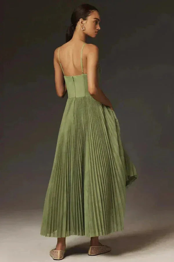 Olive Women's Pleated Midi Dress — Lilith Corset Bustier Spaghetti Strap - Back Full