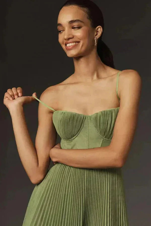 Olive Women's Pleated Midi Dress — Lilith Corset Bustier Spaghetti Strap - Front Detail