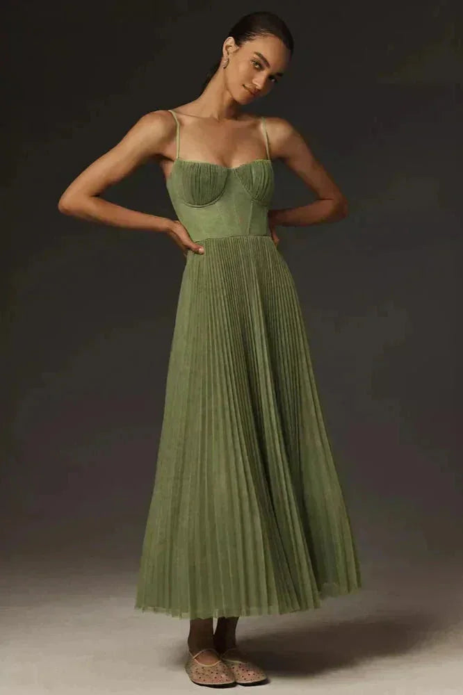 Olive Women's Pleated Midi Dress — Lilith Corset Bustier Spaghetti Strap - Front Full