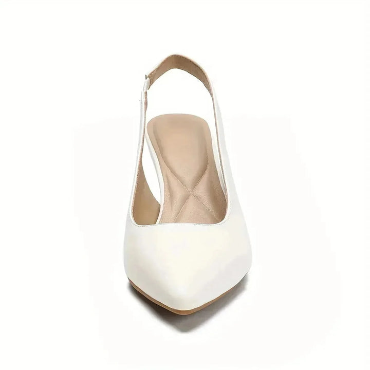 White Women's Pointed Toe Kitten Heels — Aurora Ankle Strap Slingback - Front Detail