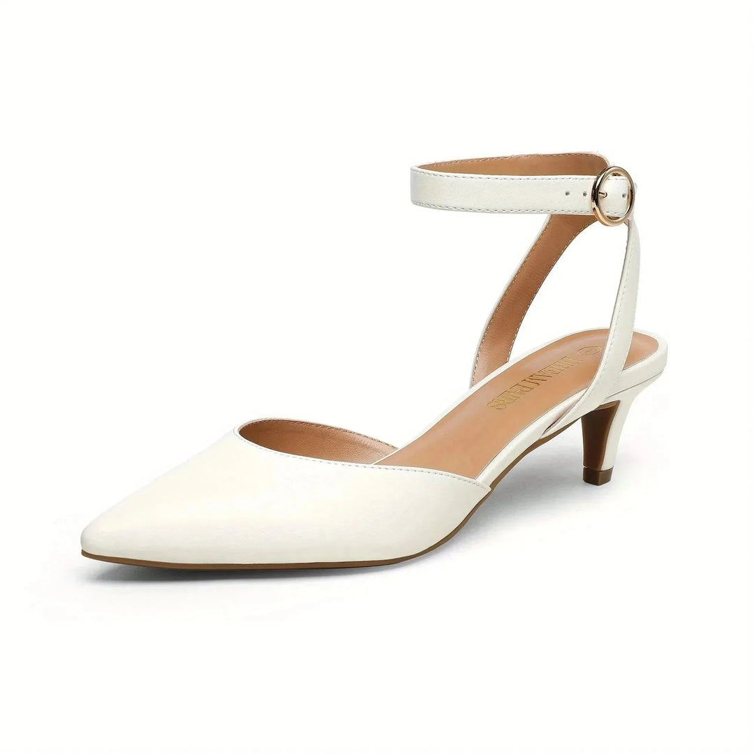 White Women's Pointed Toe Kitten Heels — Aurora Ankle Strap Slingback - Side Full