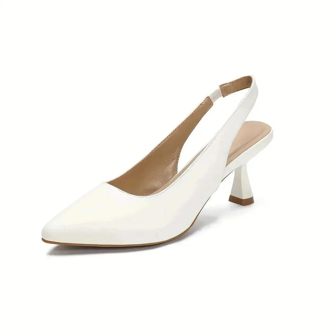 White Women's Pointed Toe Kitten Heels — Aurora Ankle Strap Slingback - Three Quarter Angle