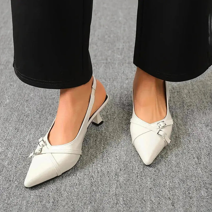 White Women's Pointed Toe Kitten Heels — Monroe White Buckle - Front Full