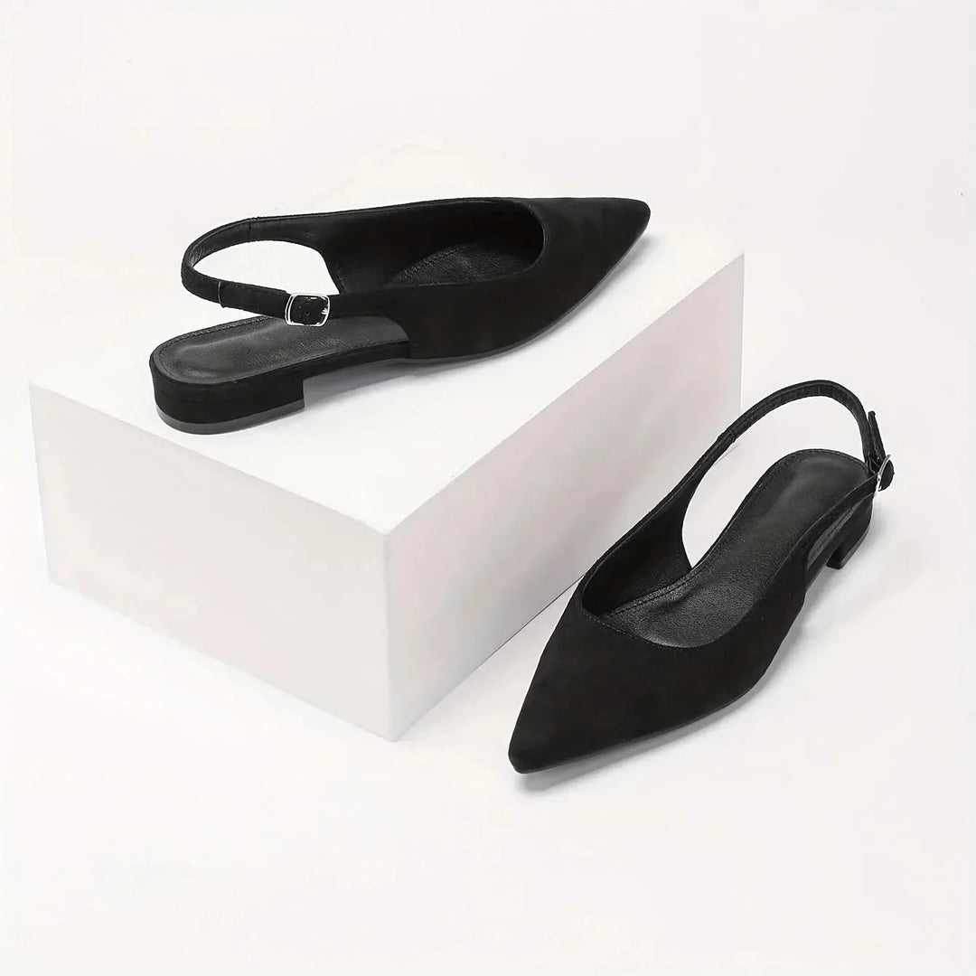 Black Women's Pointed Toe Slingback Flats — Kira Elegant Low-Heel - Front Full