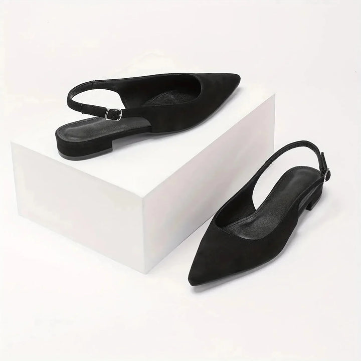 Black Women's Pointed Toe Slingback Flats — Kira Elegant Low-Heel - Front Full