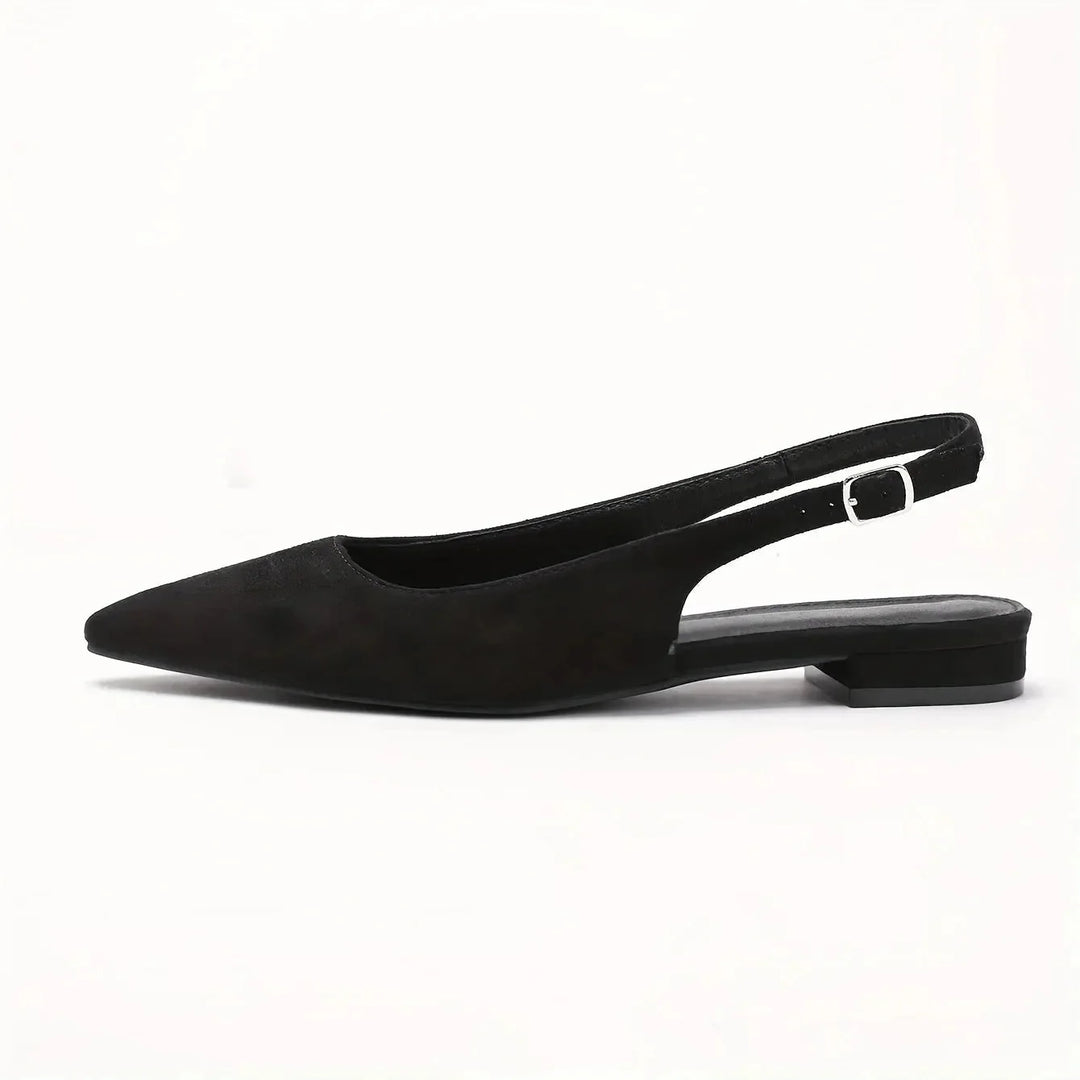 Black Women's Pointed Toe Slingback Flats — Kira Elegant Low-Heel - Profile View