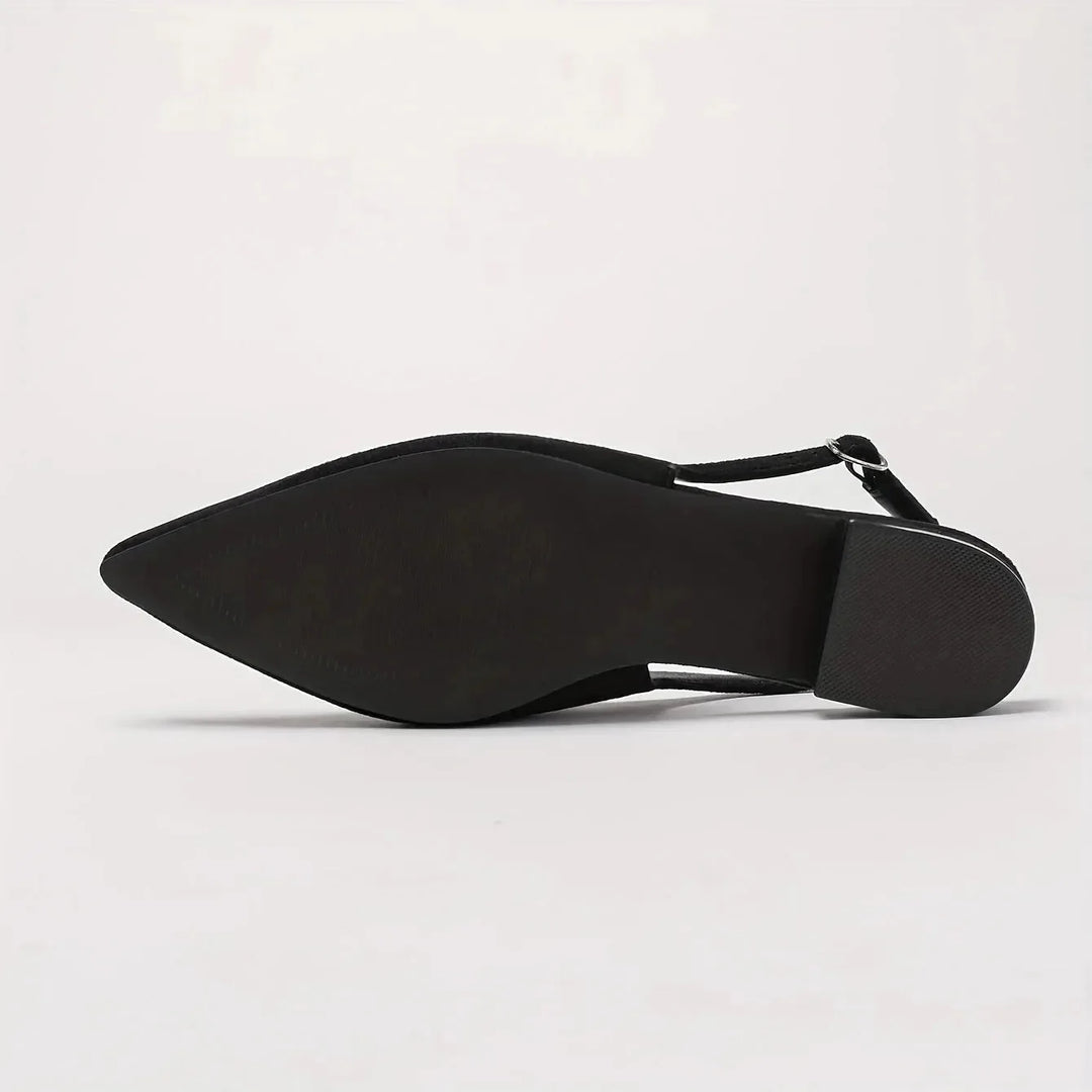Black Women's Pointed Toe Slingback Flats — Kira Elegant Low-Heel - Sole Detail