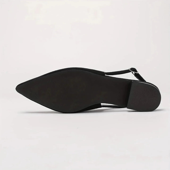Black Women's Pointed Toe Slingback Flats — Kira Elegant Low-Heel - Sole Detail