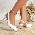 Women's Pointed-Toe Slingback White Kitten Heels — Alexa Chain Detail Low-Heel