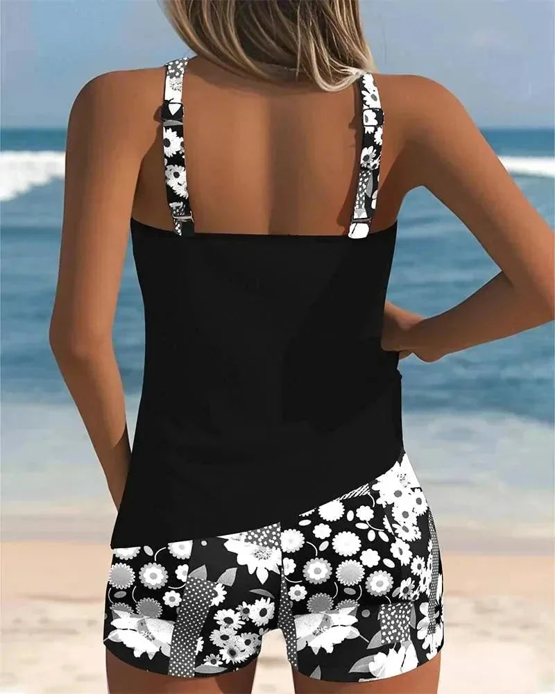 Black Women's Floral Print Tankini with Shorts — Tess Strappy Beach Two-Piece - Rear View