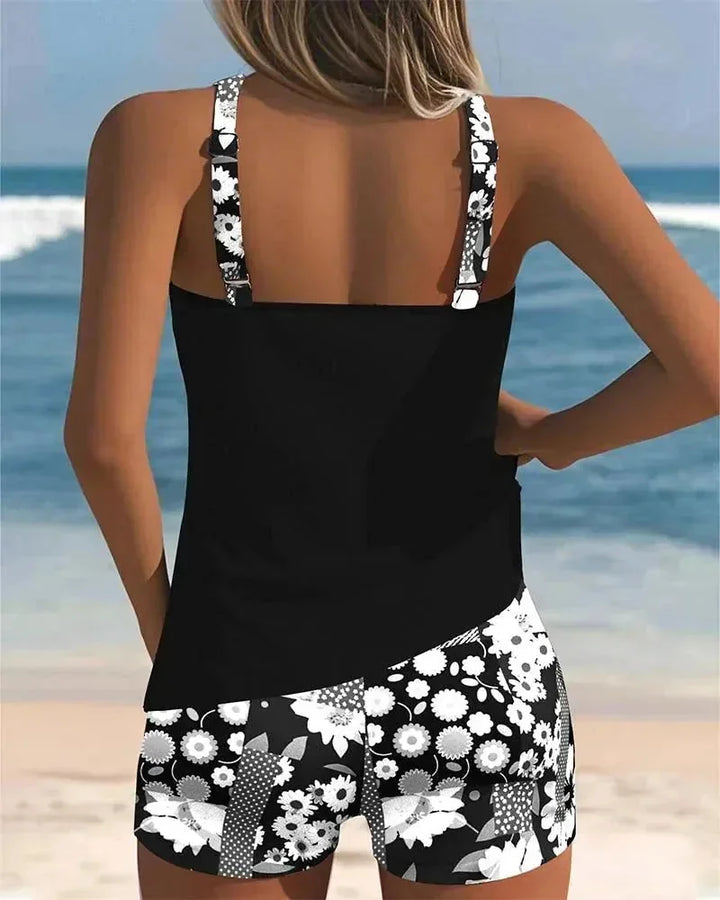 Black Women's Floral Print Tankini with Shorts — Tess Strappy Beach Two-Piece - Rear View