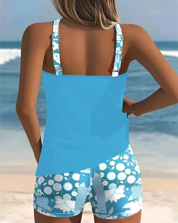 Blue Women's Floral Print Tankini with Shorts — Tess Strappy Beach Two-Piece - Back View