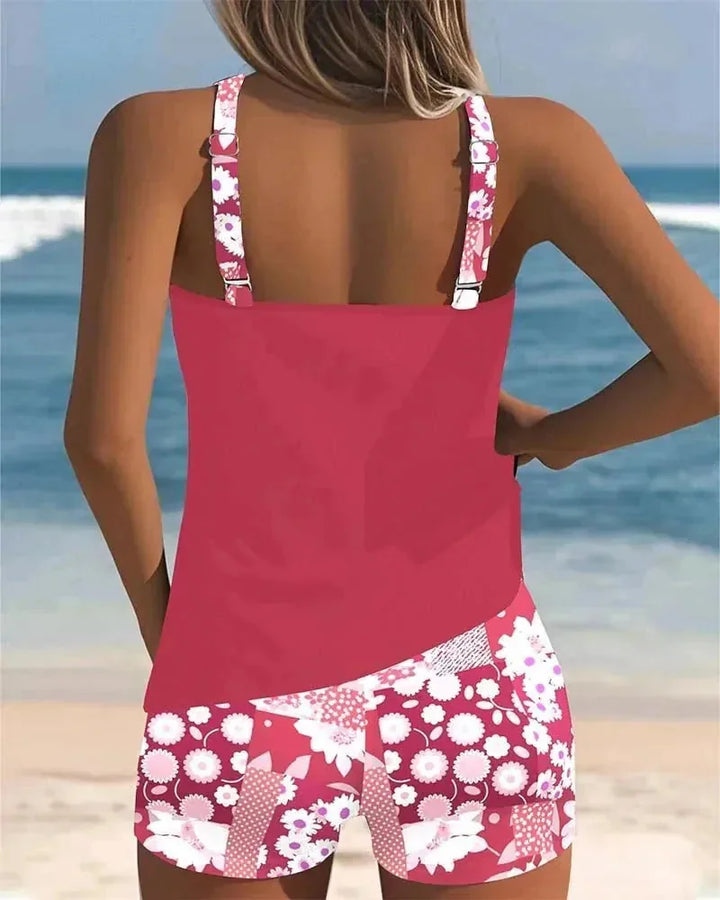 Pink Women's Floral Print Tankini with Shorts — Tess Strappy Beach Two-Piece - Back Lifestyle