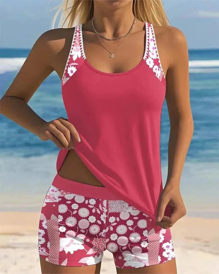 Pink Women's Floral Print Tankini with Shorts — Tess Strappy Beach Two-Piece - Front Lifestyle