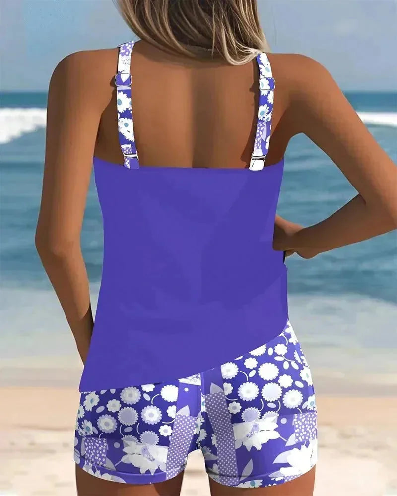 Purple Women's Floral Print Tankini with Shorts — Tess Strappy Beach Two-Piece - Back Detail