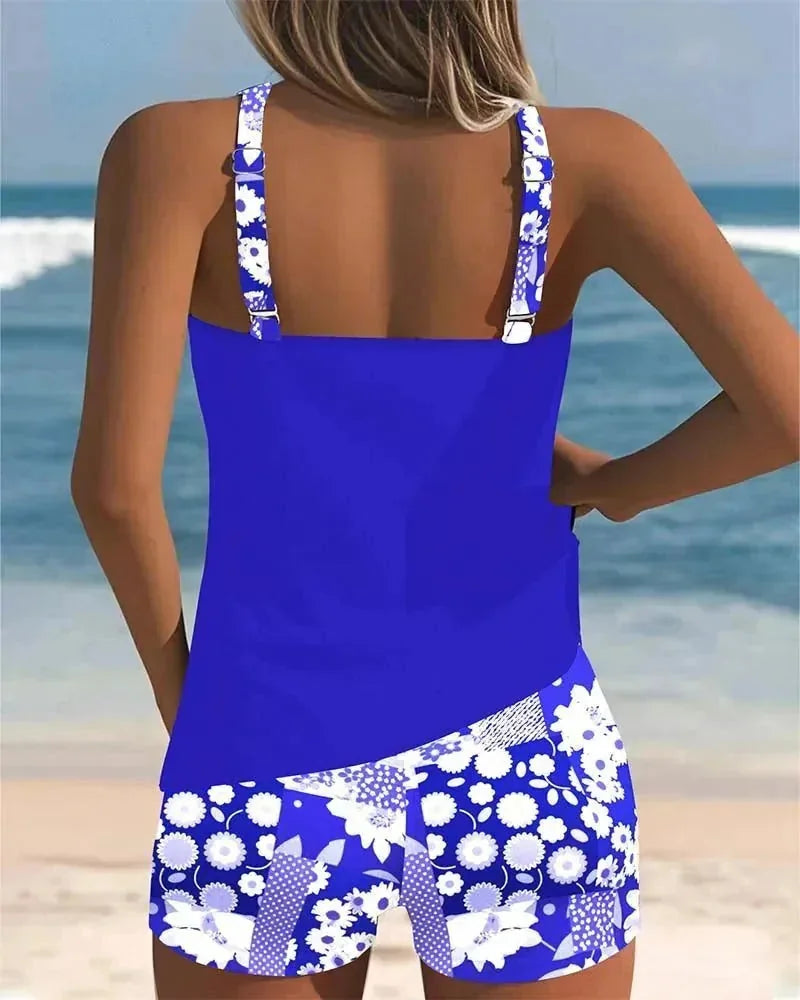 Purple Women's Floral Print Tankini with Shorts — Tess Strappy Beach Two-Piece - Studio Back