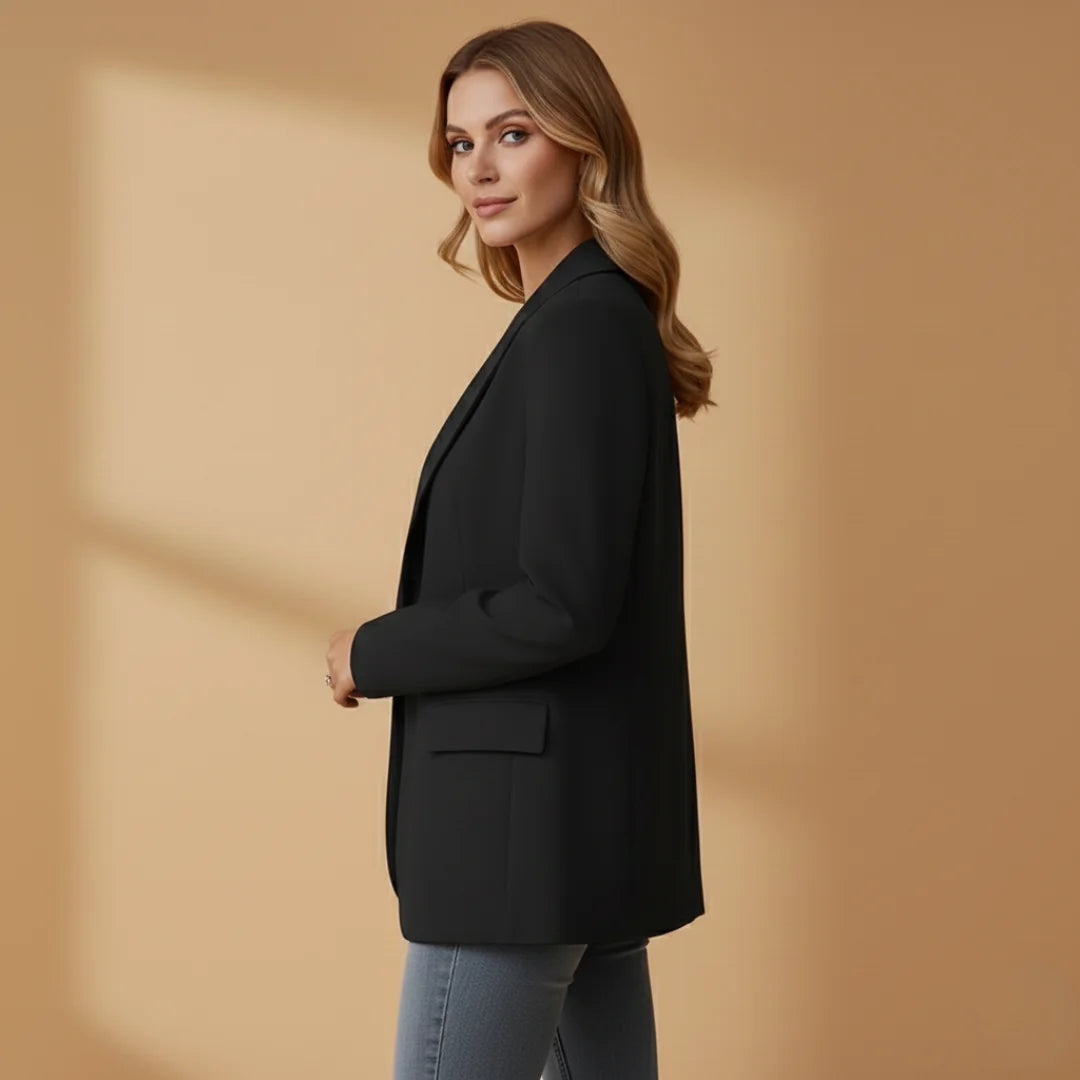 Black Professional Women's Blazer with Notched Lapel - Side Pose