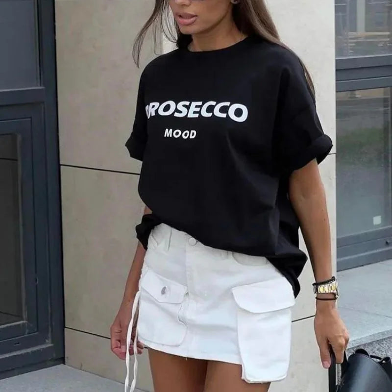 Black Women's Prosecco Graphic T-Shirt — Issy Cotton Statement Mood - Casual Styling