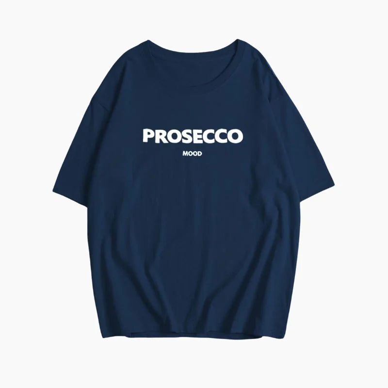 Blue Women's Prosecco Graphic T-Shirt — Issy Cotton Statement Mood - Flat Lay