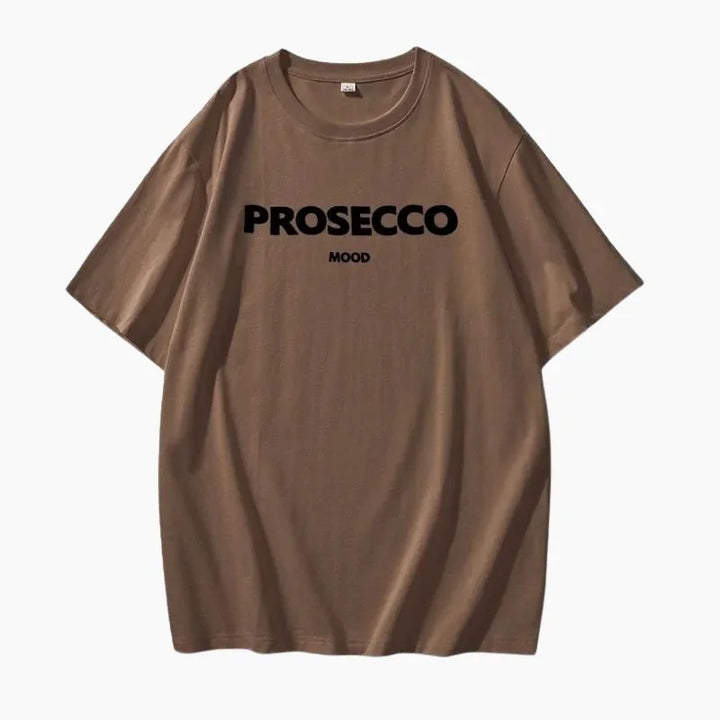 Brown Women's Prosecco Graphic T-Shirt — Issy Cotton Statement Mood - Studio Pose