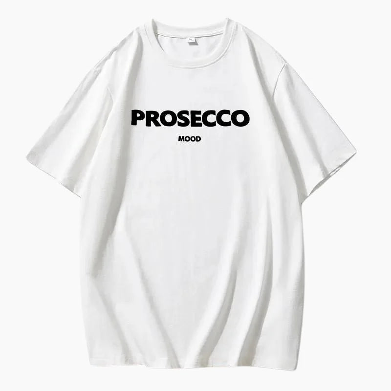 White Women's Prosecco Graphic T-Shirt — Issy Cotton Statement Mood - Oversized Fit