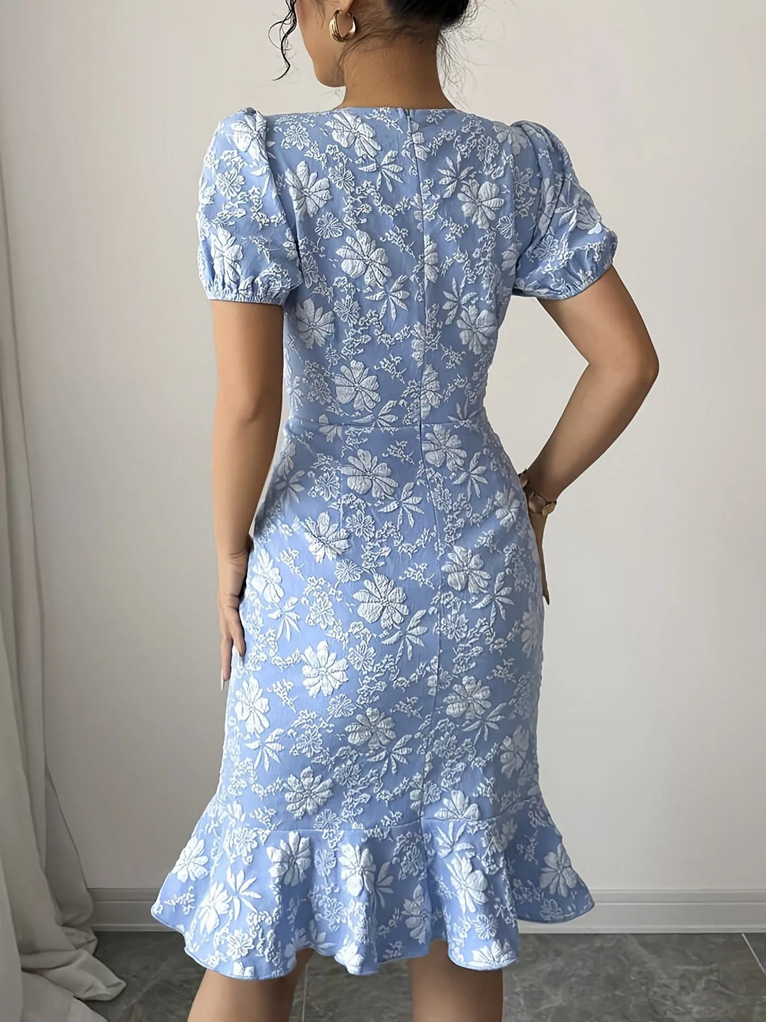 Rosalind | Elegant Puff Sleeve Baby Blue Dress with Ruffle Hem