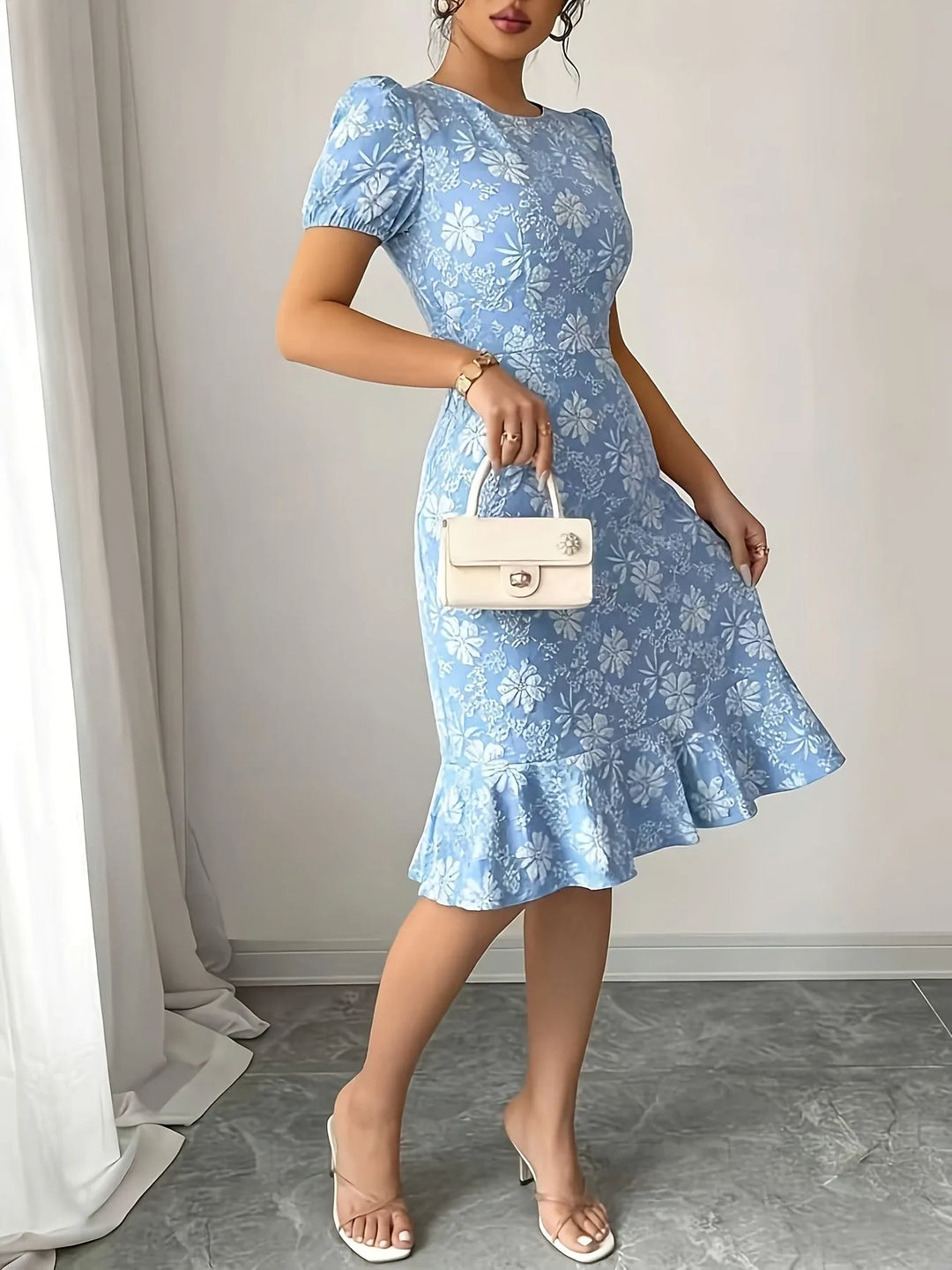 Rosalind | Elegant Puff Sleeve Baby Blue Dress with Ruffle Hem