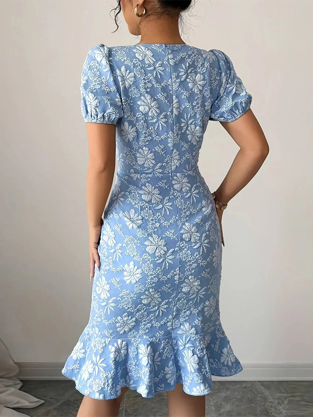 Isabella | Elegant Puff Sleeve Blue Floral Dress with Ruffle Hem