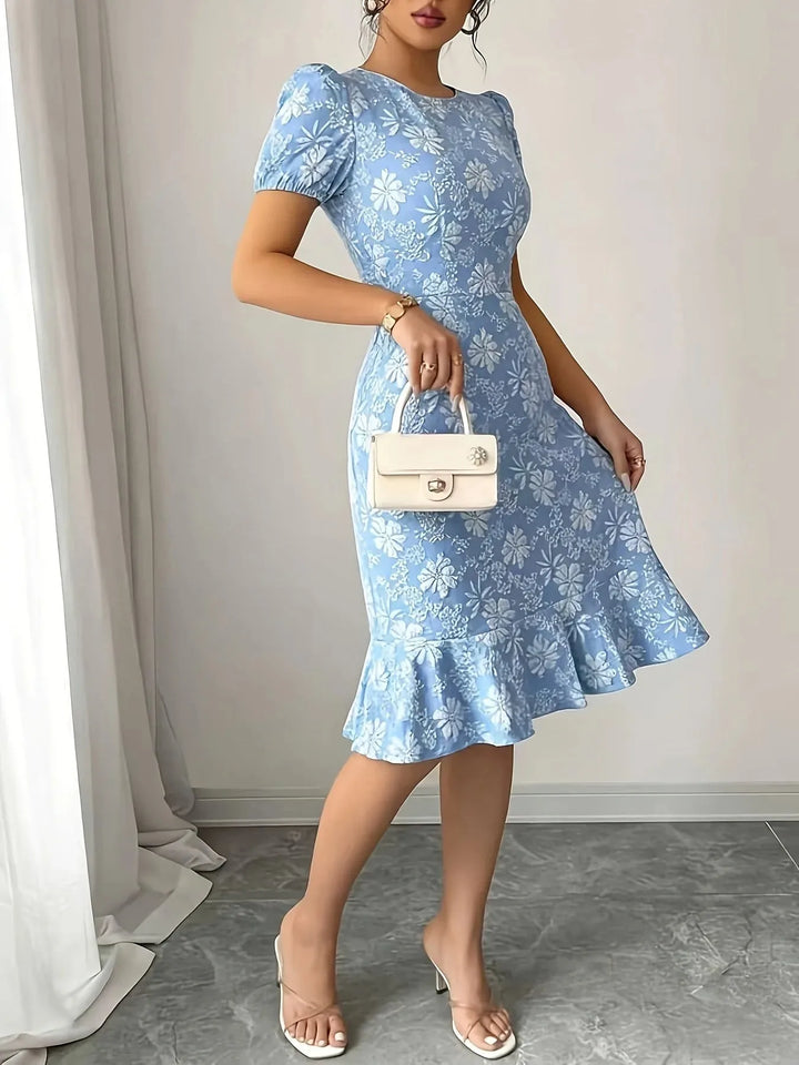 Isabella | Elegant Puff Sleeve Blue Floral Dress with Ruffle Hem