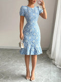 Isabella | Elegant Puff Sleeve Blue Floral Dress with Ruffle Hem