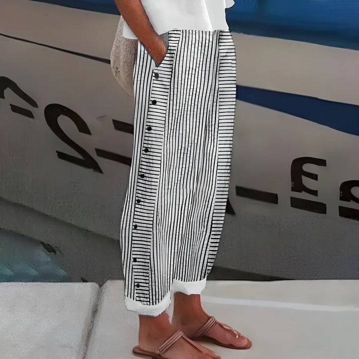 Black Women's Striped Linen Pants — Sage Relaxed Button-Detail Wide-Leg - Front Detail