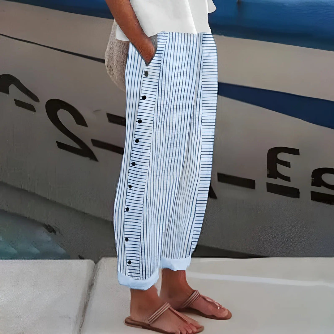 Blue Women's Striped Linen Pants — Sage Relaxed Button-Detail Wide-Leg - Front Full