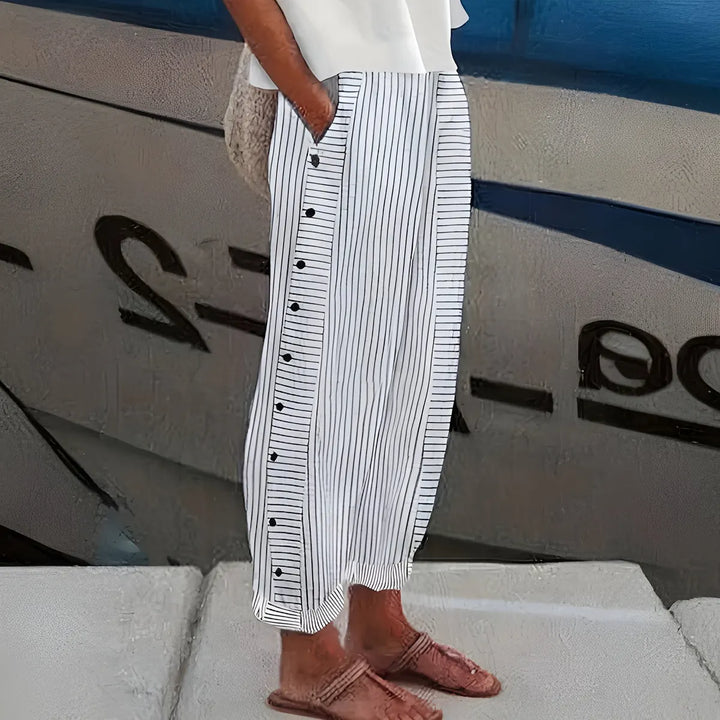 Grey Women's Striped Linen Pants — Sage Relaxed Button-Detail Wide-Leg - Side Pose
