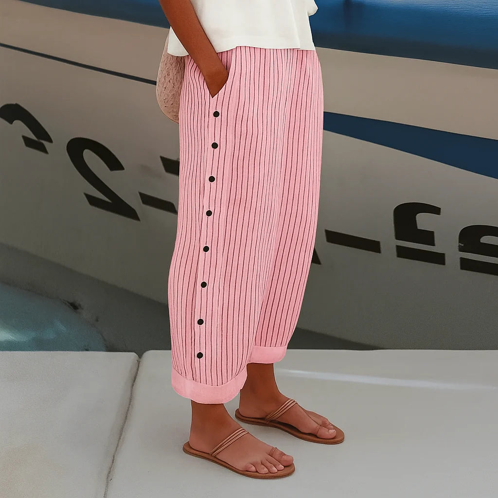 Pink Women's Striped Linen Pants — Sage Relaxed Button-Detail Wide-Leg - Front Lifestyle