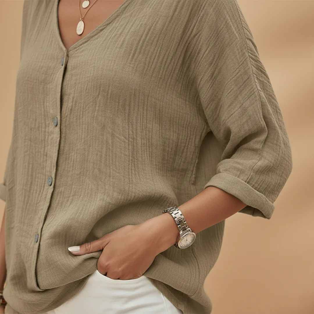 Sienna | Stylish V-Neck Button-Up T-Shirt