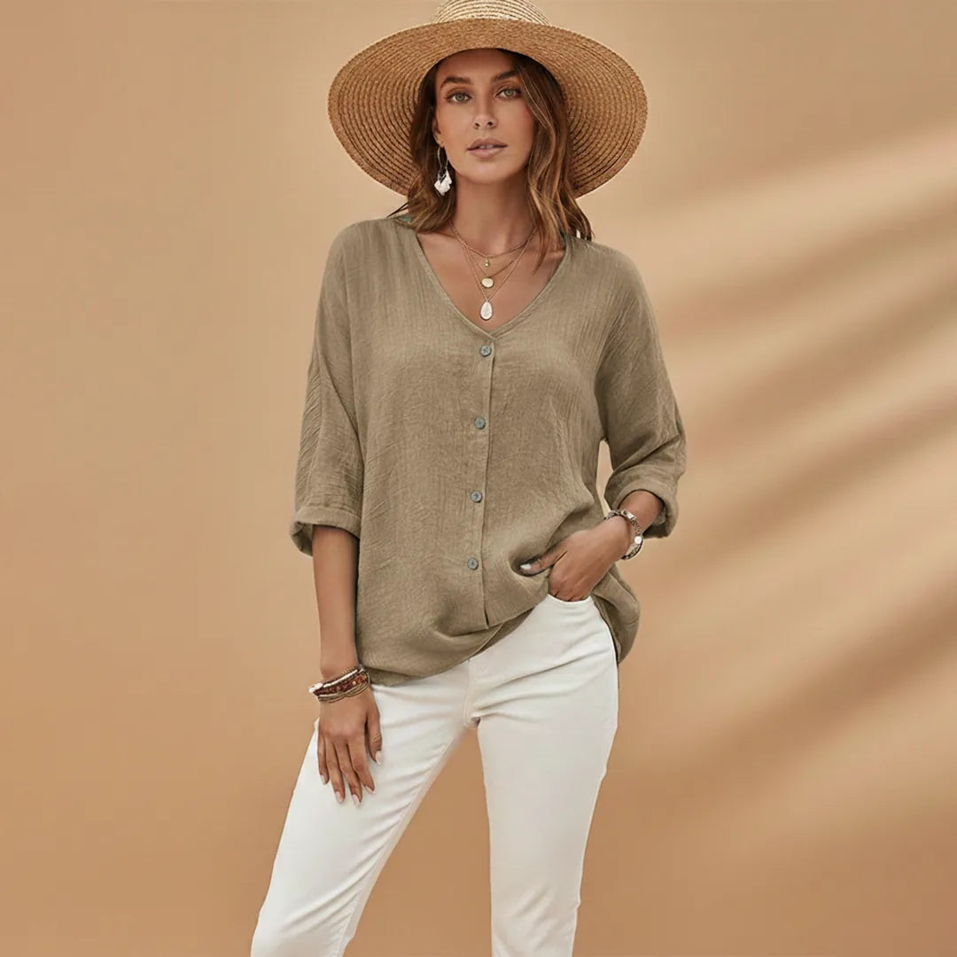 Sienna | Stylish V-Neck Button-Up T-Shirt