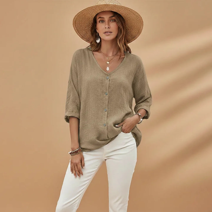 Sienna | Stylish V-Neck Button-Up T-Shirt