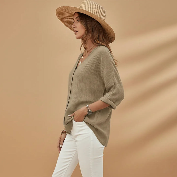 Sienna | Stylish V-Neck Button-Up T-Shirt