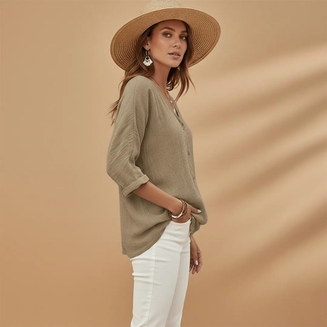 Sienna | Stylish V-Neck Button-Up T-Shirt