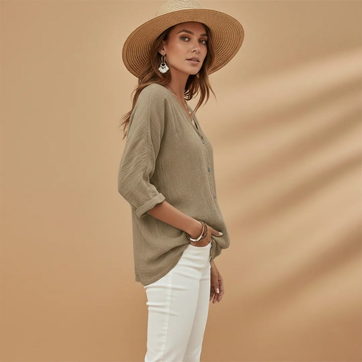 Sienna | Stylish V-Neck Button-Up T-Shirt