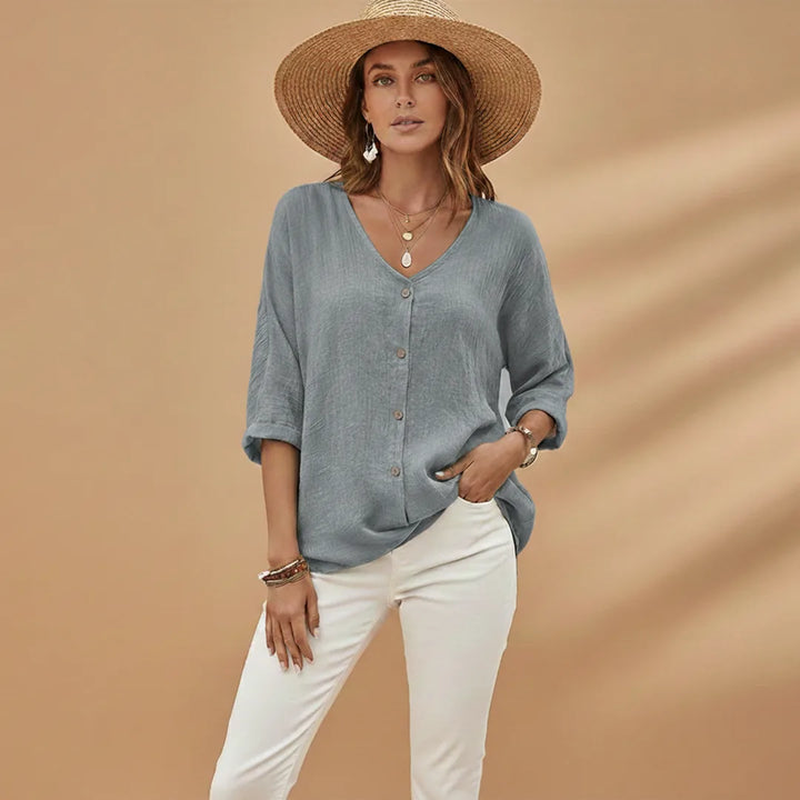 Sienna | Stylish V-Neck Button-Up T-Shirt