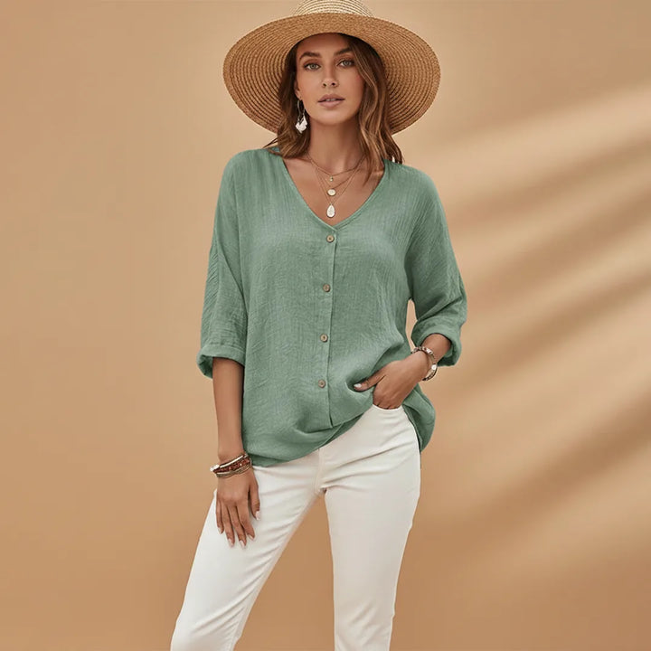 Sienna | Stylish V-Neck Button-Up T-Shirt