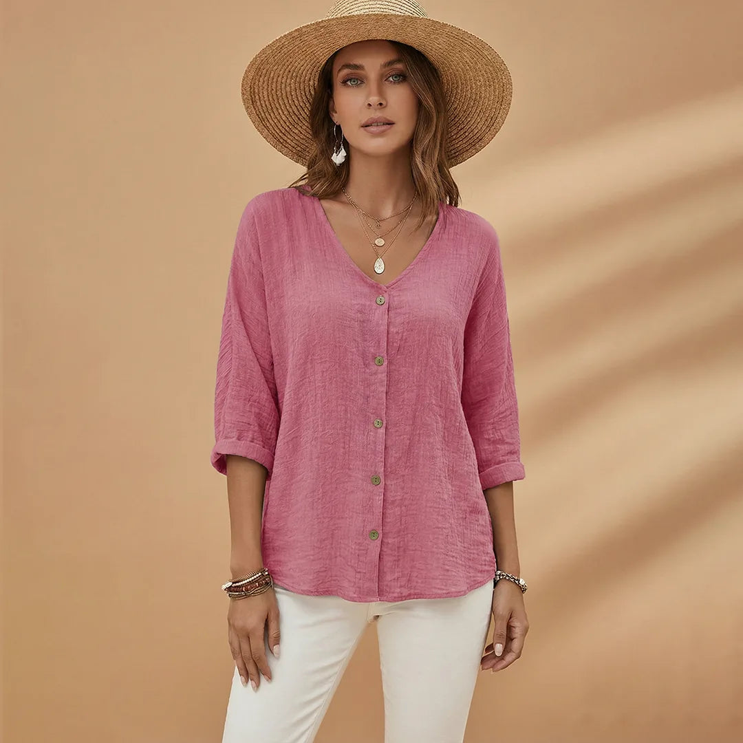 Sienna | Stylish V-Neck Button-Up T-Shirt