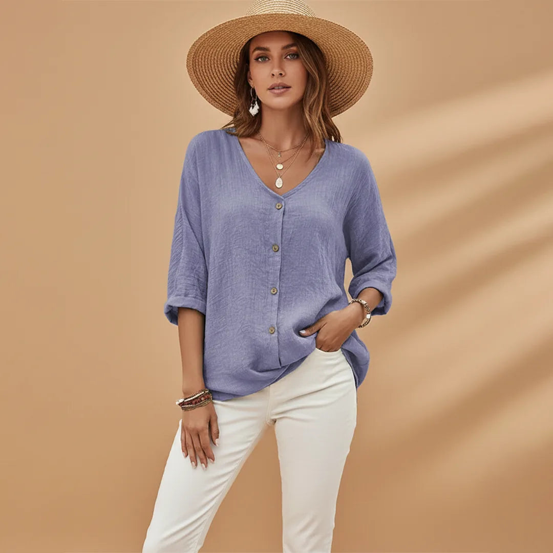 Sienna | Stylish V-Neck Button-Up T-Shirt