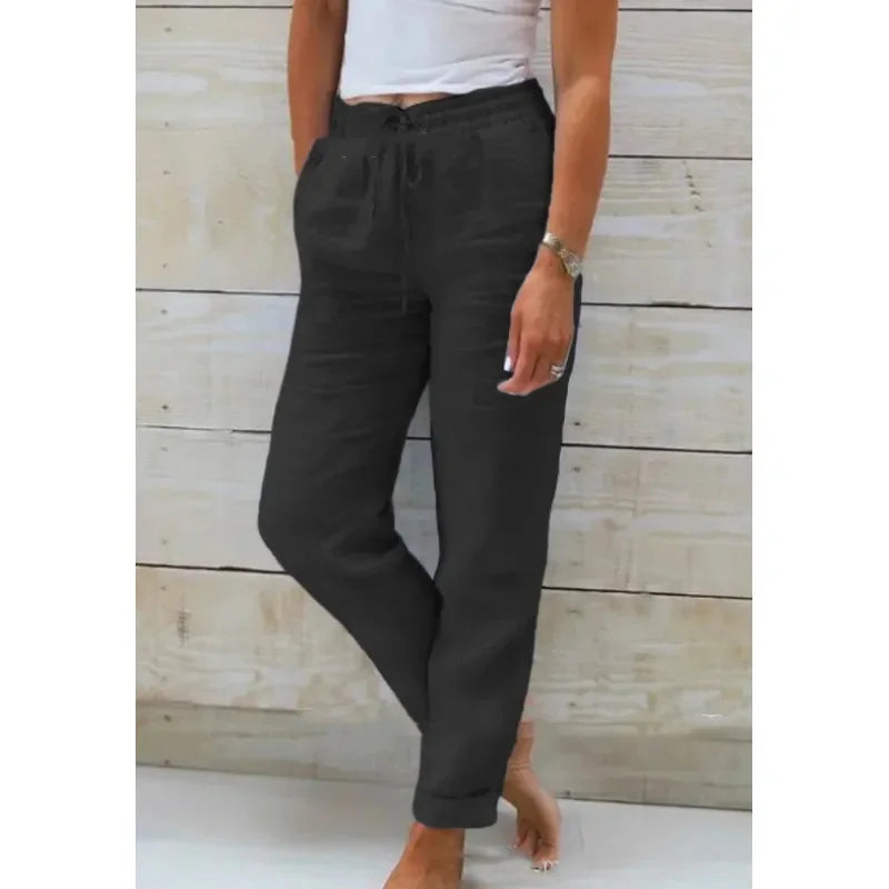 Black Women's Relaxed Drawstring Linen Pants — Rosalie Classic Wide-Leg - Front Full