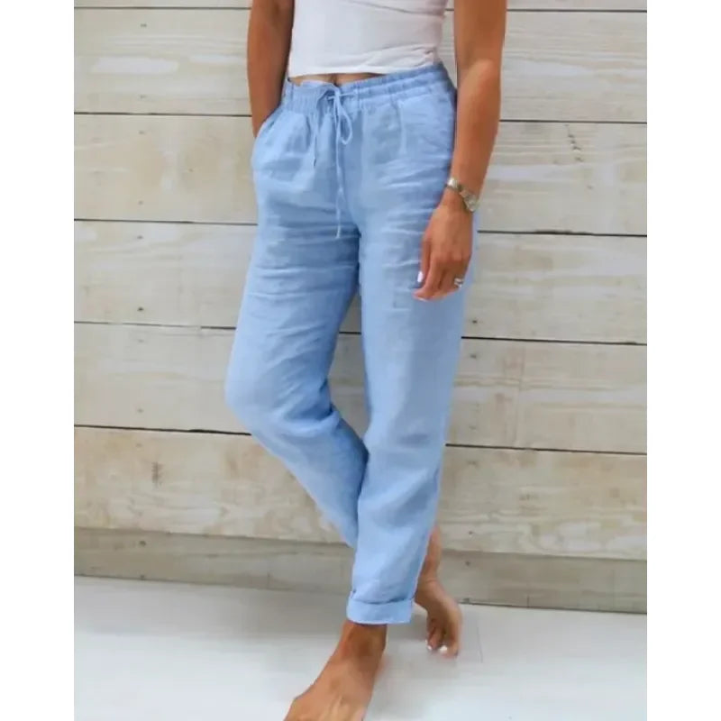 Blue Women's Relaxed Drawstring Linen Pants — Rosalie Classic Wide-Leg - Front Pose