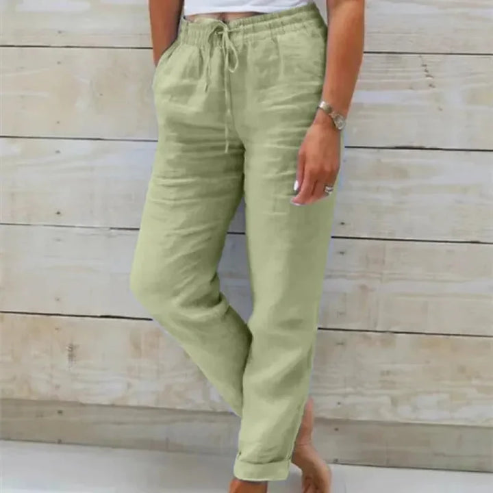 Green Women's Relaxed Drawstring Linen Pants — Rosalie Classic Wide-Leg - Side Pose