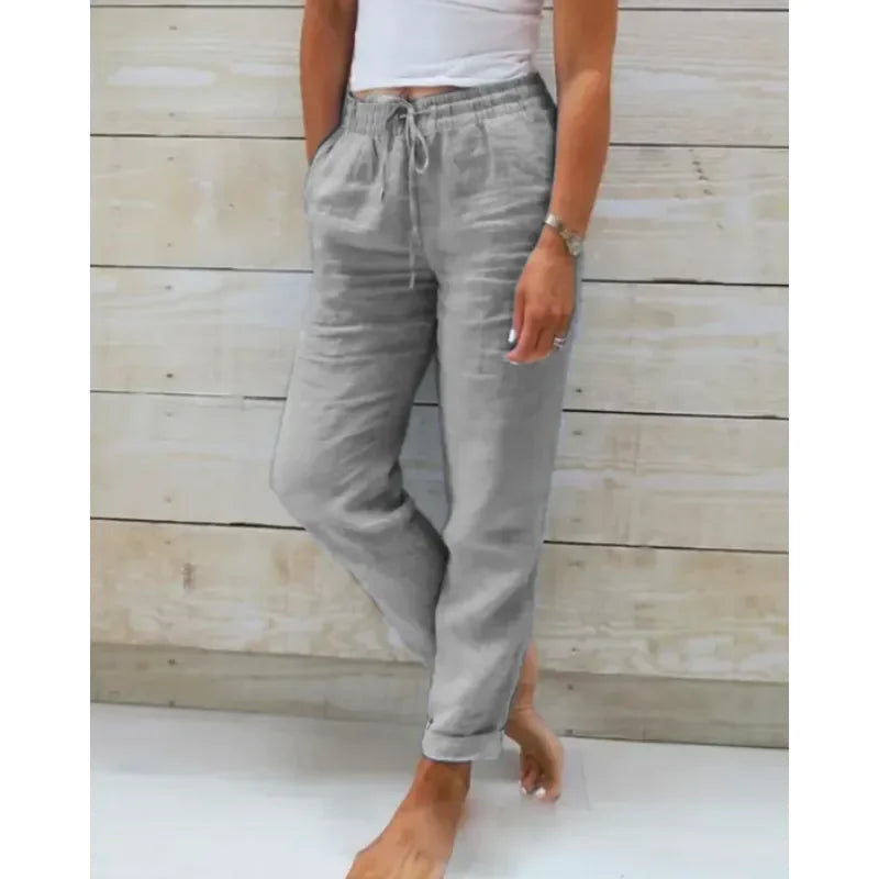 Grey Women's Relaxed Drawstring Linen Pants — Rosalie Classic Wide-Leg - Front Casual
