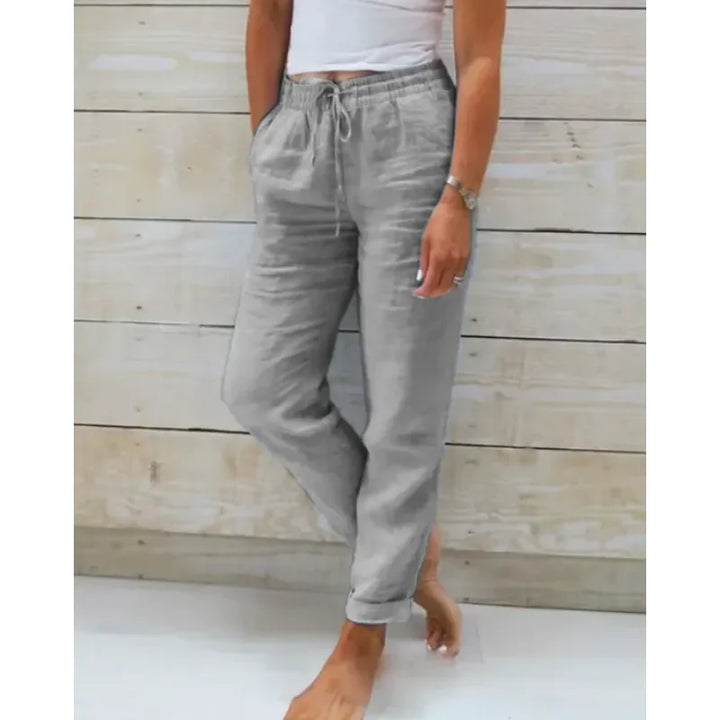 Grey Women's Relaxed Drawstring Linen Pants — Rosalie Classic Wide-Leg - Front Casual