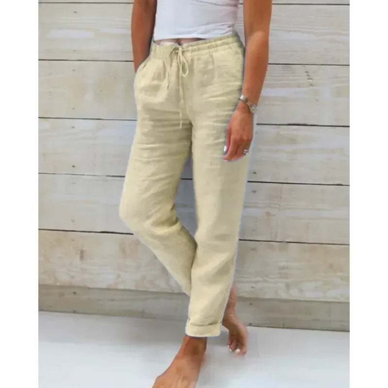 Khaki Women's Relaxed Drawstring Linen Pants — Rosalie Classic Wide-Leg - Front Styled